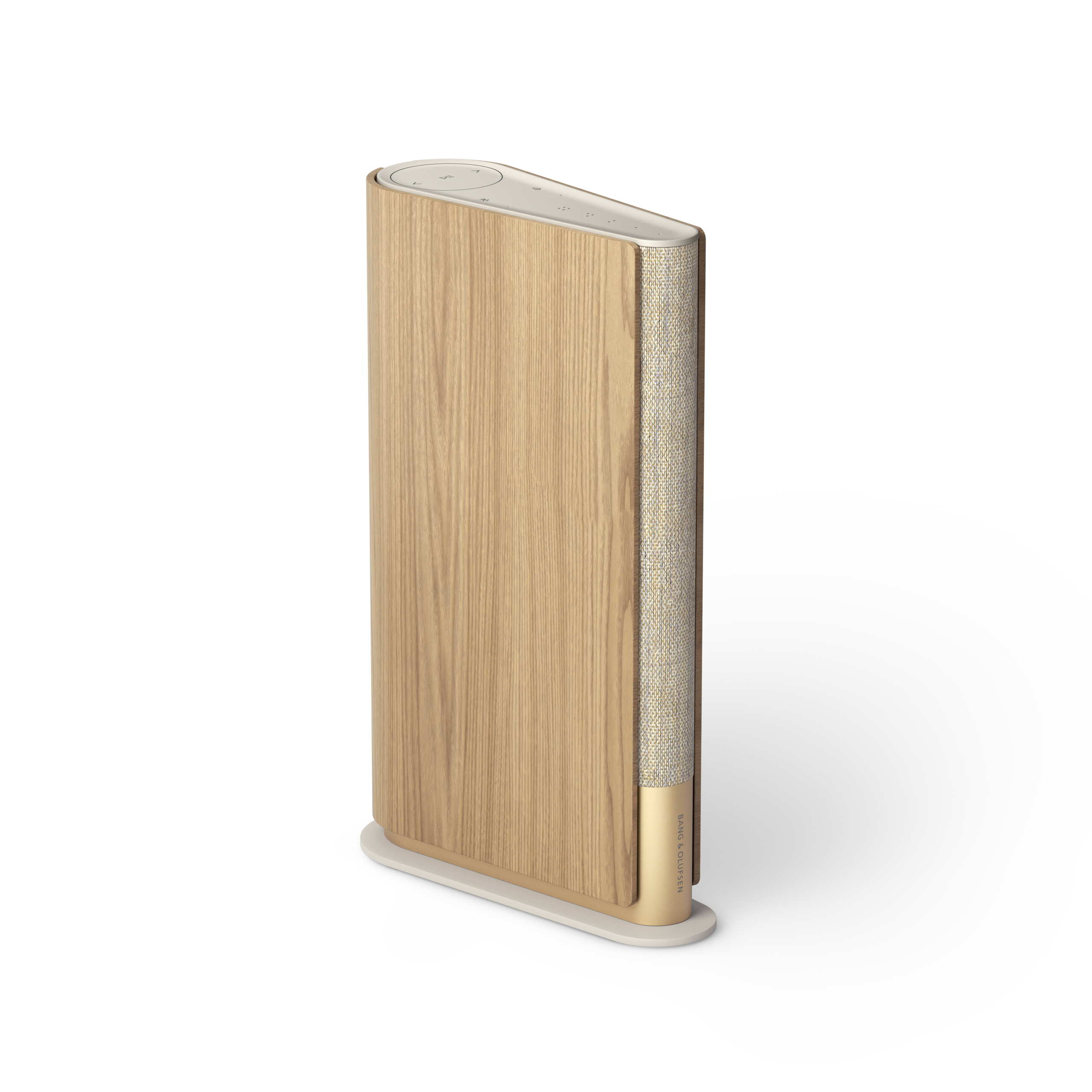 Beosound Emerge bookshelf speaker in gold and light oak finishes