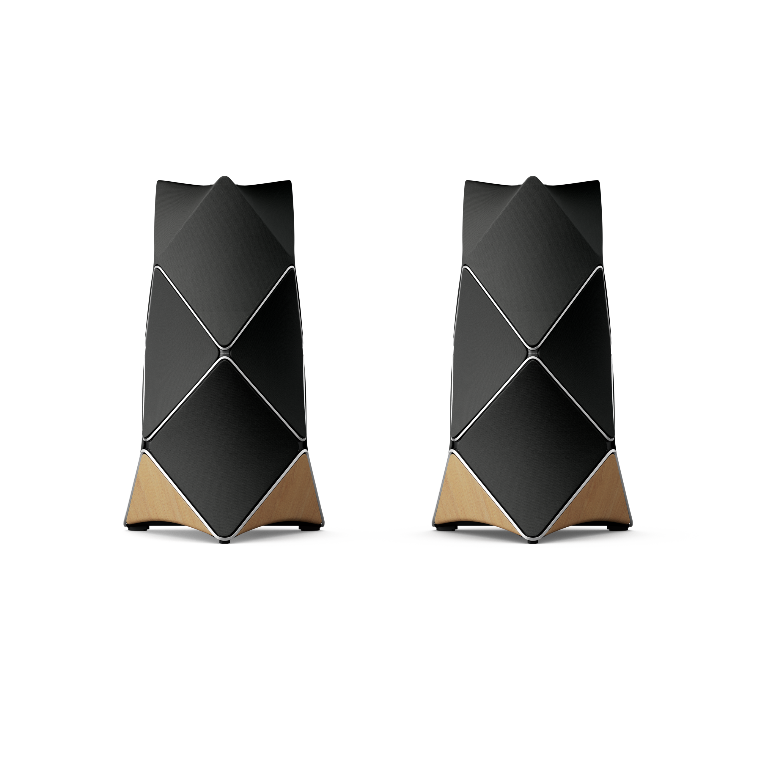 Pair of black Beolab 90 speakers, with silver trim and an oak wood panel